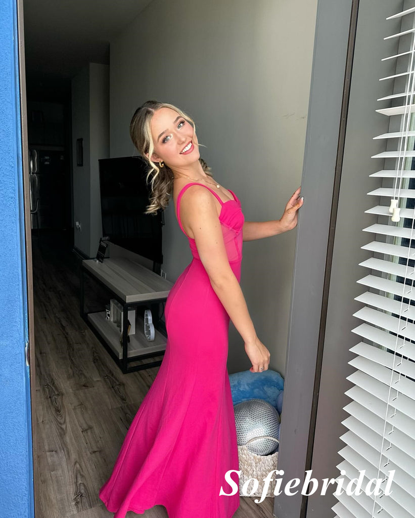Sexy Gummy Pink Spaghetti Straps V-Neck Sleeveless Side Slit Mermaid Floor Length Prom Dress, PD01094