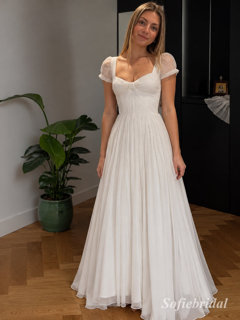 Square Neck Bow Puff Sleeve Pleated Tulle Wedding Dress, Ruched Bodice Floor Length A-Line Bridal Gown,SFWD0121