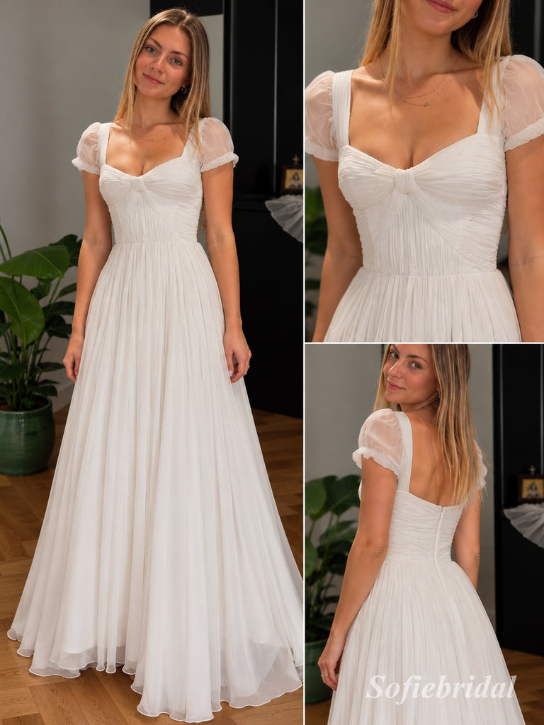 Square Neck Bow Puff Sleeve Pleated Tulle Wedding Dress, Ruched Bodice Floor Length A-Line Bridal Gown,SFWD0121