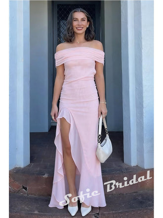 Sexy Chiffon Off Shoulder Sleeveless Ruffled Split A-Line Maxi Prom Dress/Graduation Dresses, PD01177