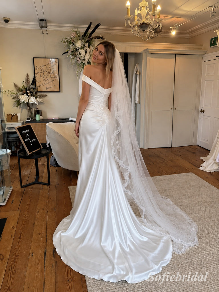 Off-the-Shoulder Draped Satin Wedding Dress, Ruched Bodice Floor Length Mermaid Bridal Gown,SFWD0122