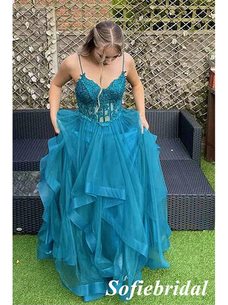 Tulle And Lace Spaghetti Straps V-Neck Sleeveless A-Line Long Prom Dresses, PD0985