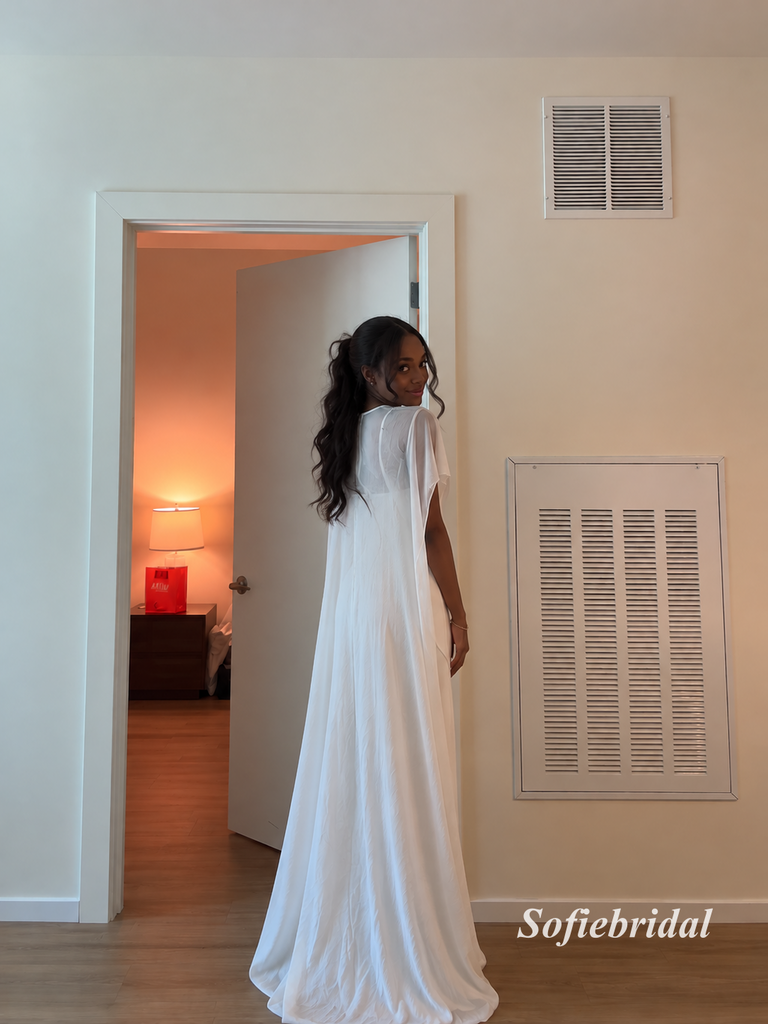 White Cape Sleeve Corset Mermaid Formal Evening Dress, Sheer Cape Overlay Wedding Reception Gown, PD13956