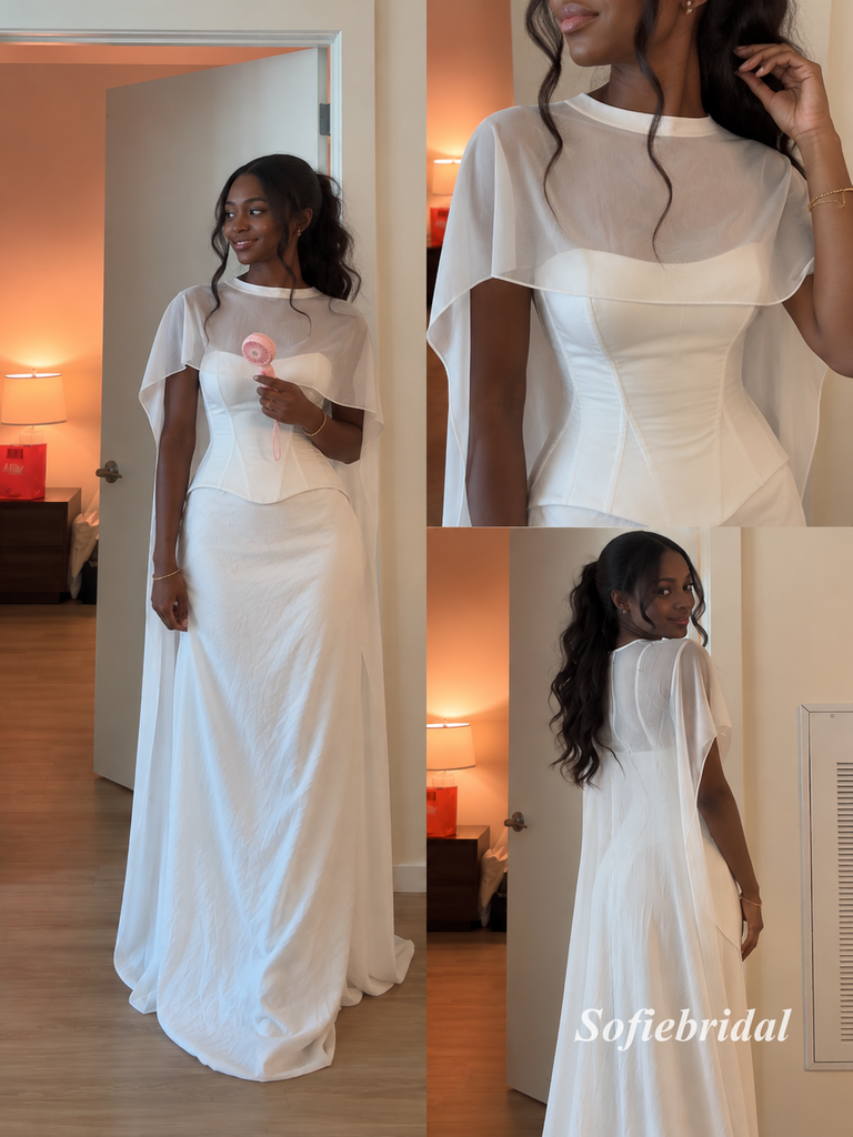 White Cape Sleeve Corset Mermaid Formal Evening Dress, Sheer Cape Overlay Wedding Reception Gown, PD13956