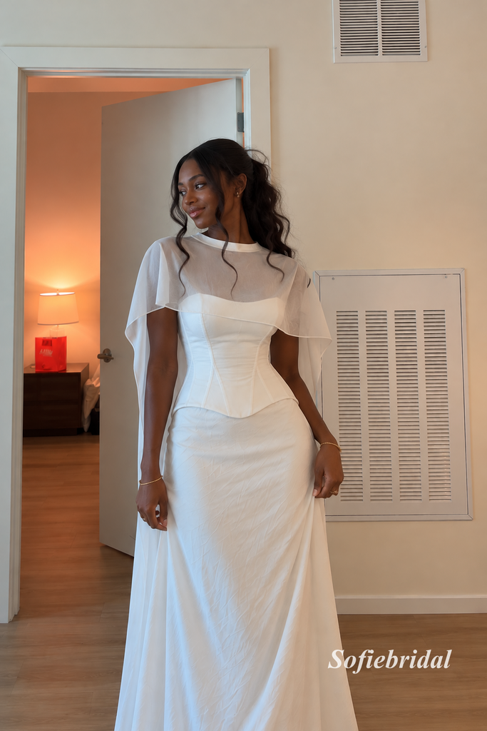 White Cape Sleeve Corset Mermaid Formal Evening Dress, Sheer Cape Overlay Wedding Reception Gown, PD13956