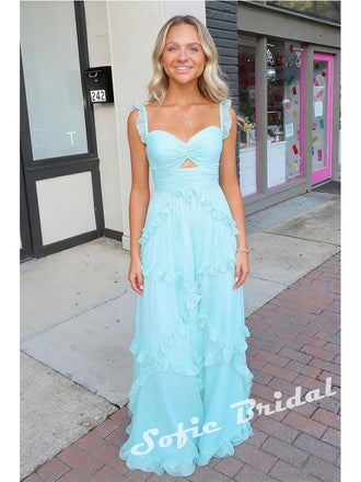 Sexy Chiffon Spaghetti Straps Sleeveless Ruffled A-Line Maxi Prom Dress/Graduation Dresses, PD01178