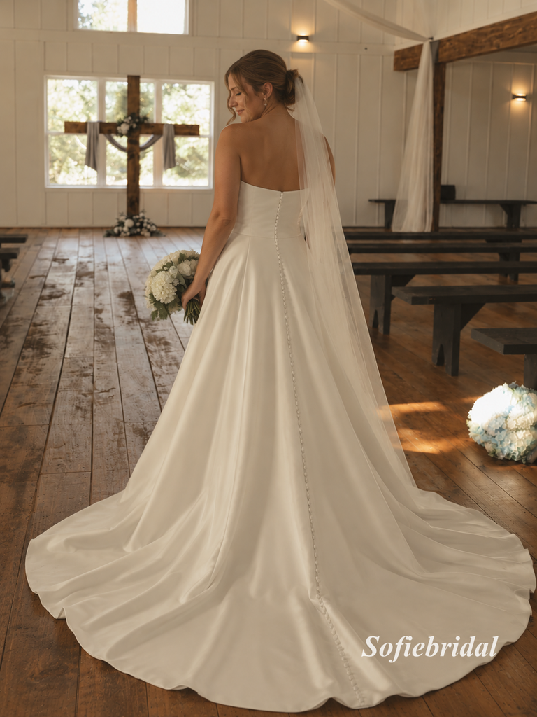 Strapless Tube Satin A-Line Wedding Dress, Lace Applique Train Bridal Gown, SFWD0134