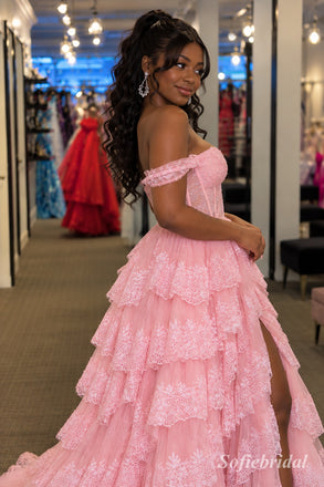 Pink Off Shoulder Lace Tiered Tulle Dress, High Slit Floor Length Formal Gown,PD13898