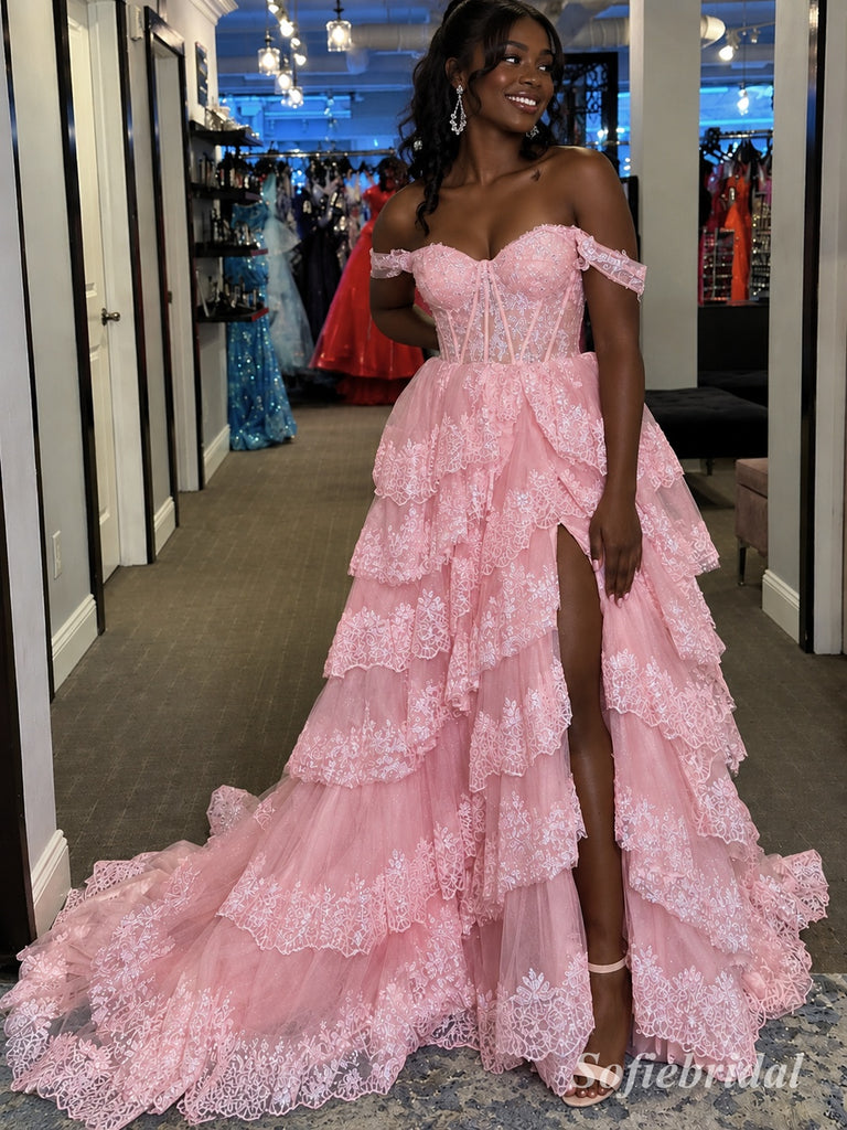 Pink Off Shoulder Lace Tiered Tulle Dress, High Slit Floor Length Formal Gown,PD13898