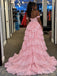 Pink Off Shoulder Lace Tiered Tulle Dress, High Slit Floor Length Formal Gown,PD13898