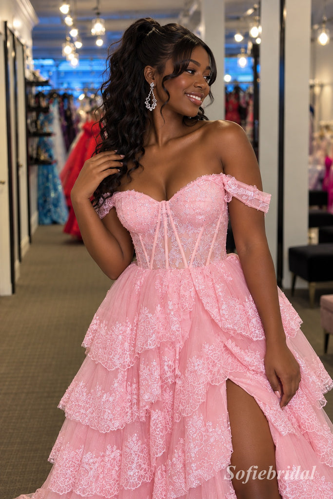 Pink Off Shoulder Lace Tiered Tulle Dress, High Slit Floor Length Formal Gown,PD13898