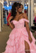 Pink Off Shoulder Lace Tiered Tulle Dress, High Slit Floor Length Formal Gown,PD13898