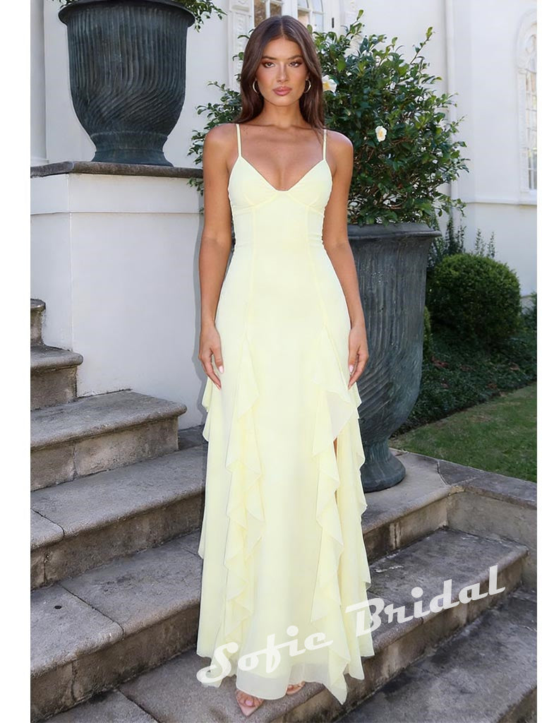 Sexy Chiffon Spaghetti Straps Sleeveless Ruffled A-Line Maxi Prom Dress/Graduation Dresses With Split, PD01179