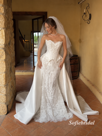 Strapless Sweetheart Lace Mermaid Wedding Dress, Detachable Satin Overskirt Bridal Gown, SFWD0135