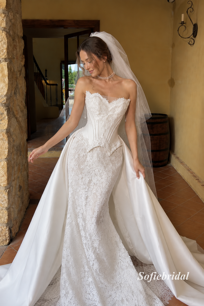 Strapless Sweetheart Lace Mermaid Wedding Dress, Detachable Satin Overskirt Bridal Gown, SFWD0135