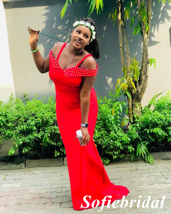 Sexy Red Cold Shoulderr Sleeveless Mermaid Floor Length Bridesmaid Dresses, SFWG00593