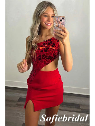 Sexy Red One Shoulder Sheath Mini Dresses/ Homecoming Dresses With Split, HD0240