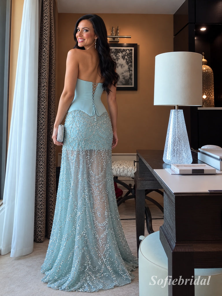 Light Blue Strapless Beaded Mermaid Dress, Sheer Tulle Floor Length Formal Gown,PD13899