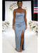 Elegant Dusty Blue Satin Bridesmaid Dresses with Spaghetti Straps and High Slit, SFWG00619