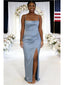 Elegant Dusty Blue Satin Bridesmaid Dresses with Spaghetti Straps and High Slit, SFWG00619