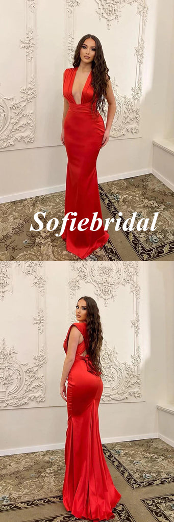 Sexy Red Soft Satin Spaghetti Straps V-Neck Sleeveless Mermaid Long Prom Dresses, PD0963