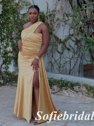 Elegant Gold Satin One Shoulder Side Slit Mermaid Bridesmaid Dress For Wedding, SFWG00628