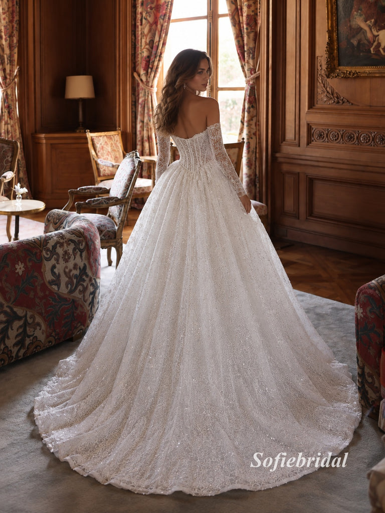 Off Shoulder Sweetheart Sparkle Lace Corset Ball Gown Wedding Dress, Detachable Long Lace Sleeve Bridal Gown, SFWD0144