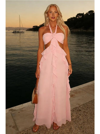 Elegant Chiffon Halter Sleeveless A-Line Maxi Prom Dress/Graduation Dresses With Ruffles, PD01194