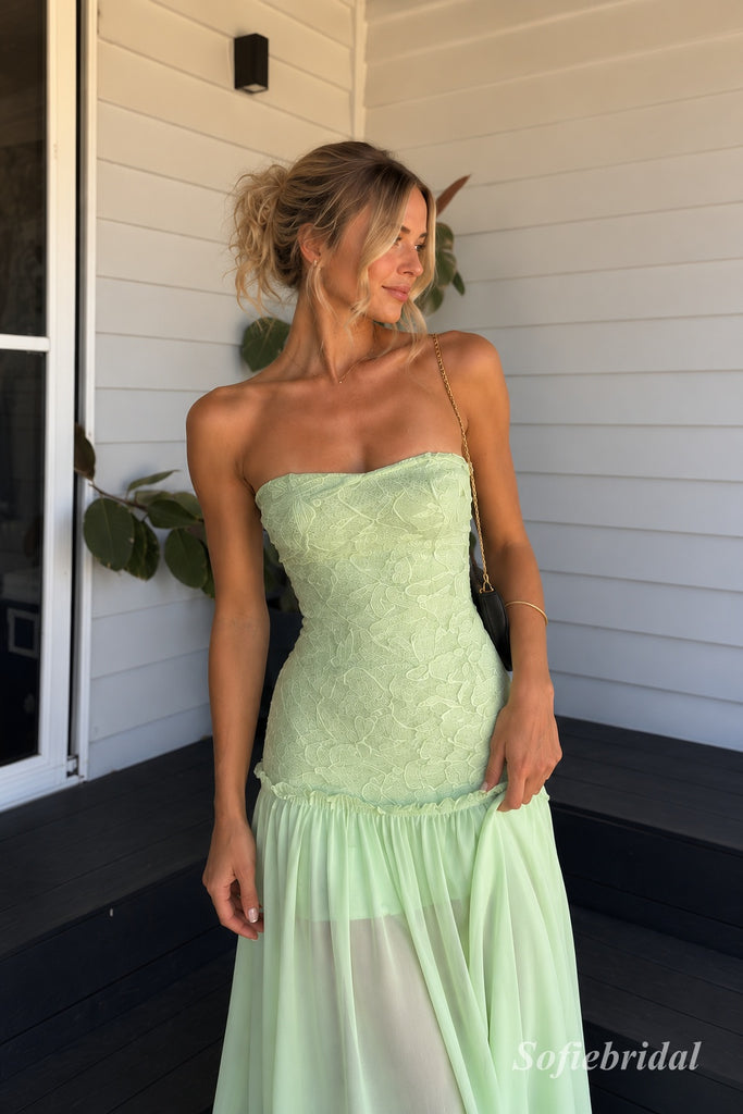 Mint Green Strapless Lace Chiffon Maxi Evening Dress, Fitted Lace Bodice Flowy Floor Length Formal Gown, PD13888