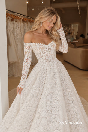 Off Shoulder Sweetheart Lace A Line Wedding Dress, Long Sleeve Corset Bridal Gown, SFWD0150