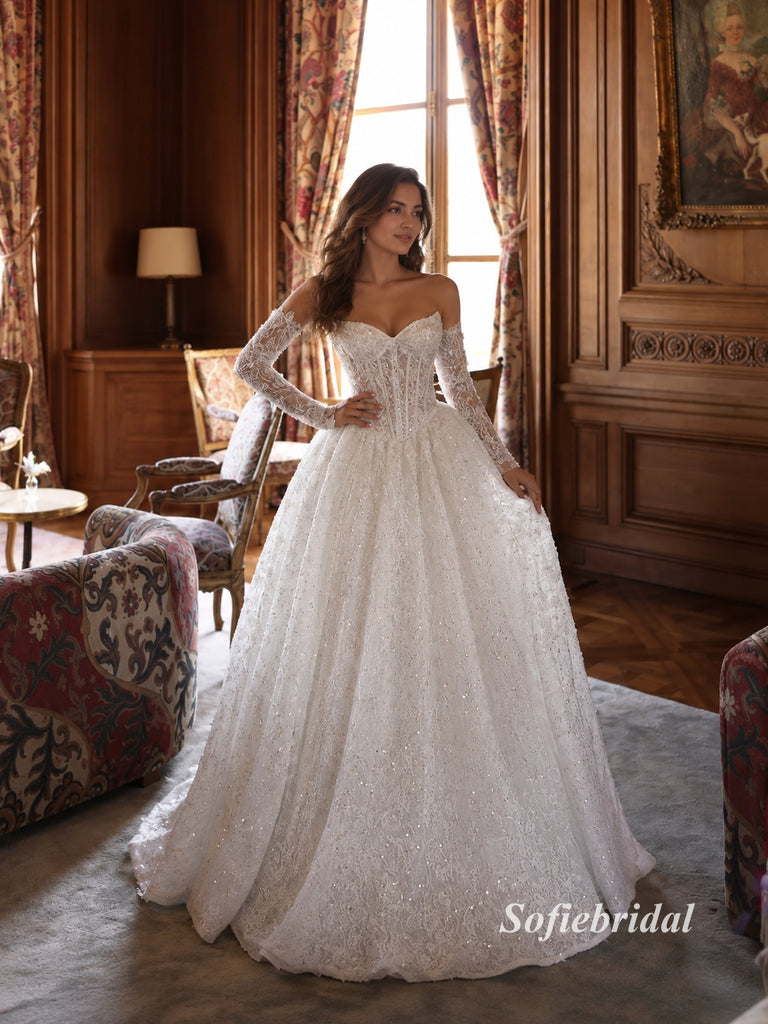 Off Shoulder Sweetheart Sparkle Lace Corset Ball Gown Wedding Dress, Detachable Long Lace Sleeve Bridal Gown, SFWD0144