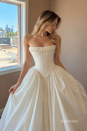 Strapless Corset Taffeta Ball Gown, Ruffled Neckline Wedding Dress,SFWD0125