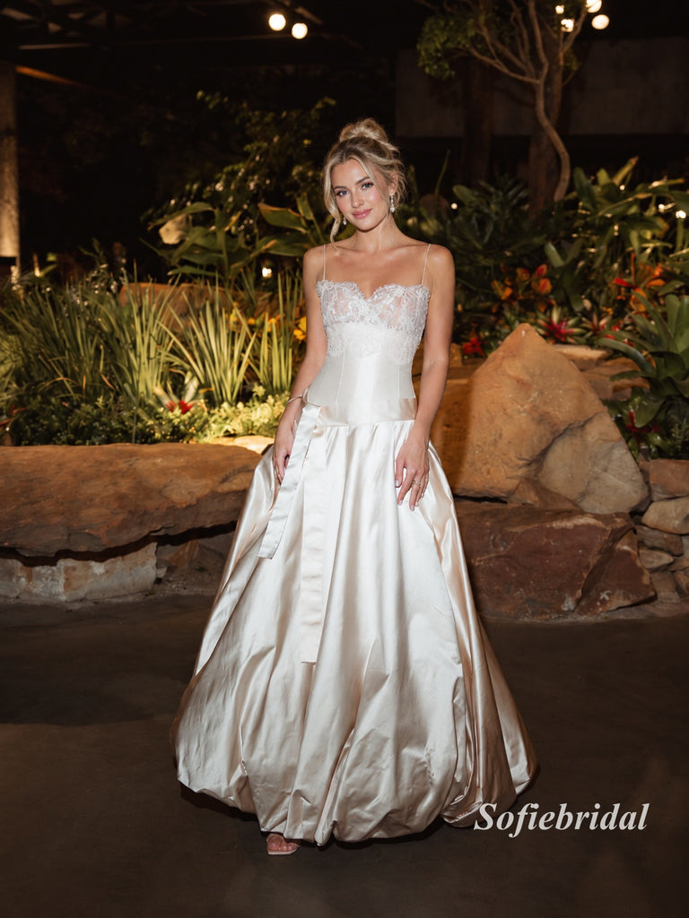 Champagne Spaghetti Strap Lace Corset Satin Gown, Bow Sash Formal Wedding Guest Dress, PD13947