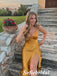 Sexy Soft Satin Spaghetti Straps V-Neck Sleeveless Side Slit Mermaid Tea Length Prom Dresses, PD01003