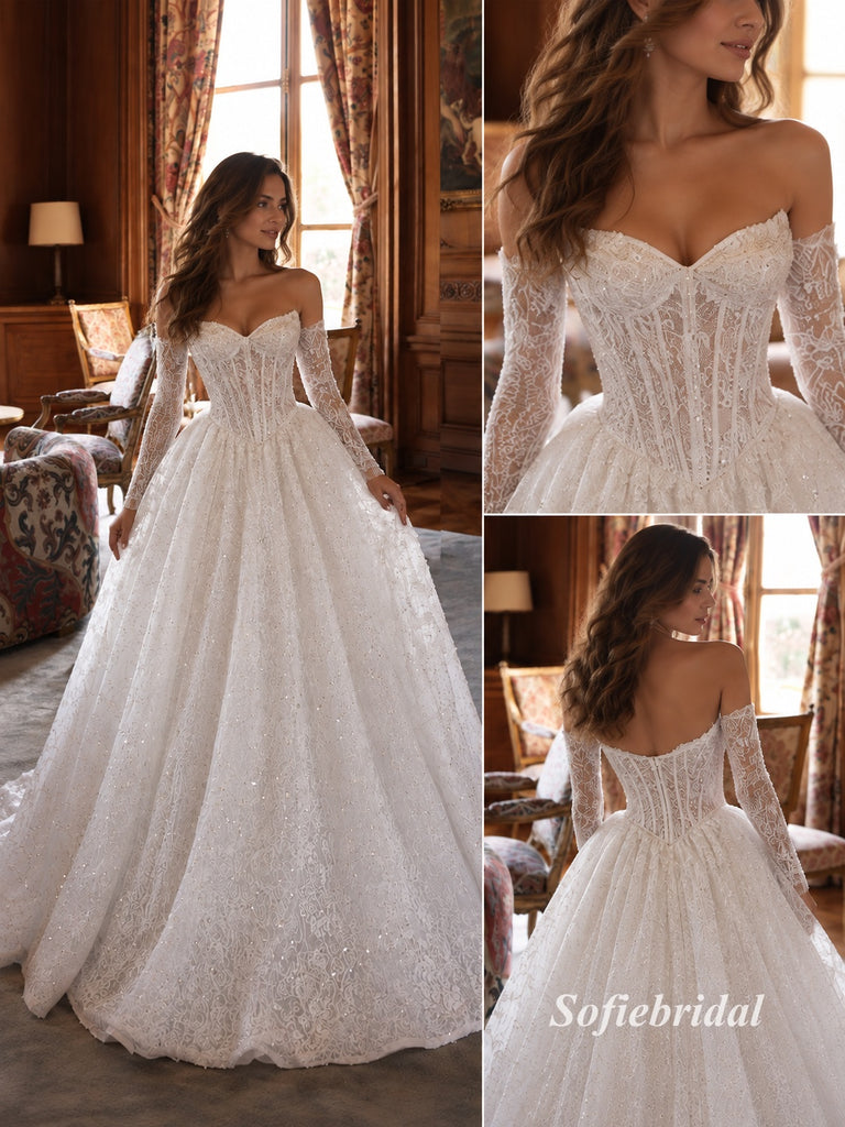 Off Shoulder Sweetheart Sparkle Lace Corset Ball Gown Wedding Dress, Detachable Long Lace Sleeve Bridal Gown, SFWD0144