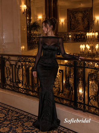 Long Sheer Mesh Sleeve Black Corset Satin Mermaid Evening Dress, PD13967