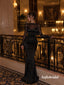 Long Sheer Mesh Sleeve Black Corset Satin Mermaid Evening Dress, PD13967