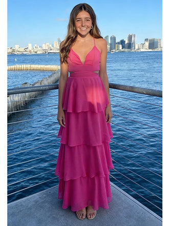 Hot Pink Spaghetti Strap Tiered Maxi Dress, Crisscross Back Formal Gown, PD01213