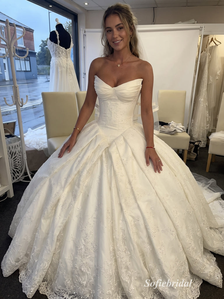 White Jacquard Satin Strapless Square Neck Structured Bodice Ball Gown Floor Length Wedding Dress,SFWD0107