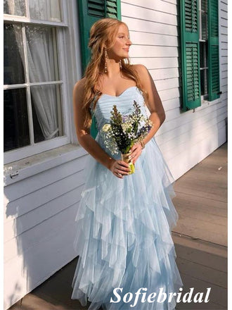 Sexy Blue Tulle Sweetheart Sleeveless A-Line Maxi Prom Dress, PD01157
