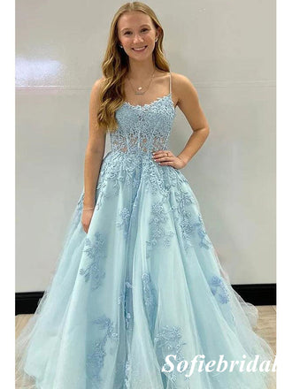 Sexy Tulle And Lace Spaghetti Straps Lace Up Back A-Line Long Formal Prom Dresses, PD0916