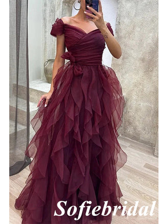 Sexy Tulle Off Shoulder V-Neck A-Line Long Prom Dresses, PD0961