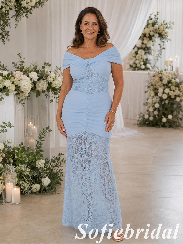 Romantic Pale Blue Chiffon Lace Fitted Formal Mother Of The Bride Gown, SFM020