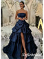 Glam Navy Blue Strapless Satin Tiered Ruffle Prom Dress with High Slit, Formal Evening Gown, PD01271