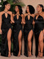 Sexy Black Satin Halter Cross Back Bridesmaid Dresses with High Slit for Wedding Party, SFWG00623