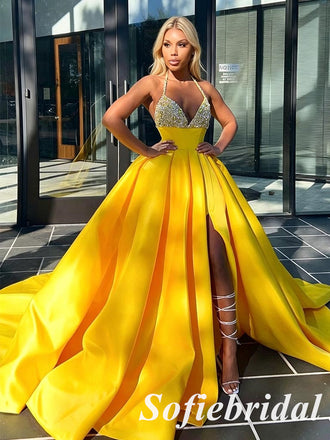 Sparkly Yellow Satin Halter Deep V-Neck Ball Gown Side Slit, PD01284