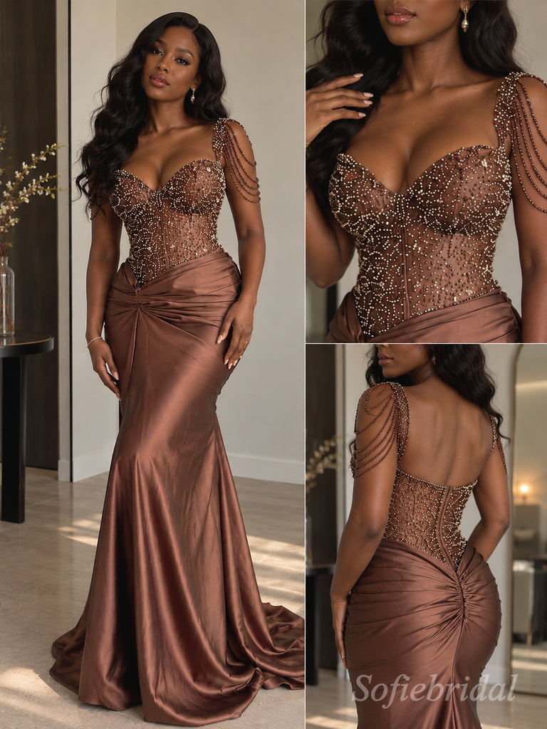 Chocolate Beaded One Shoulder Rhinestone Appliqué Fishtail Gown,PD1369