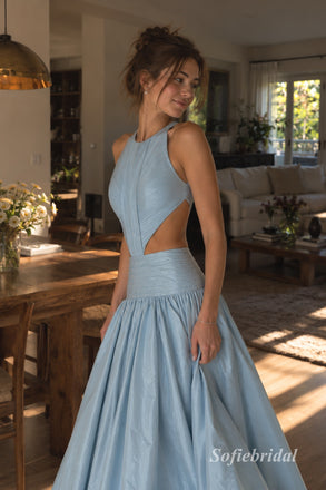 Light Blue Halter Cutout Pleated A-Line Dress, Sleeveless Floor Length Formal Gown,PD13901