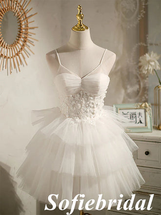 Sexy White Tulle Spaghetti Straps V-Neck A-Line Mini Dresses/ Homecoming Dresses With Beading, HD0257