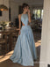Light Blue Halter Cutout Pleated A-Line Dress, Sleeveless Floor Length Formal Gown,PD13901